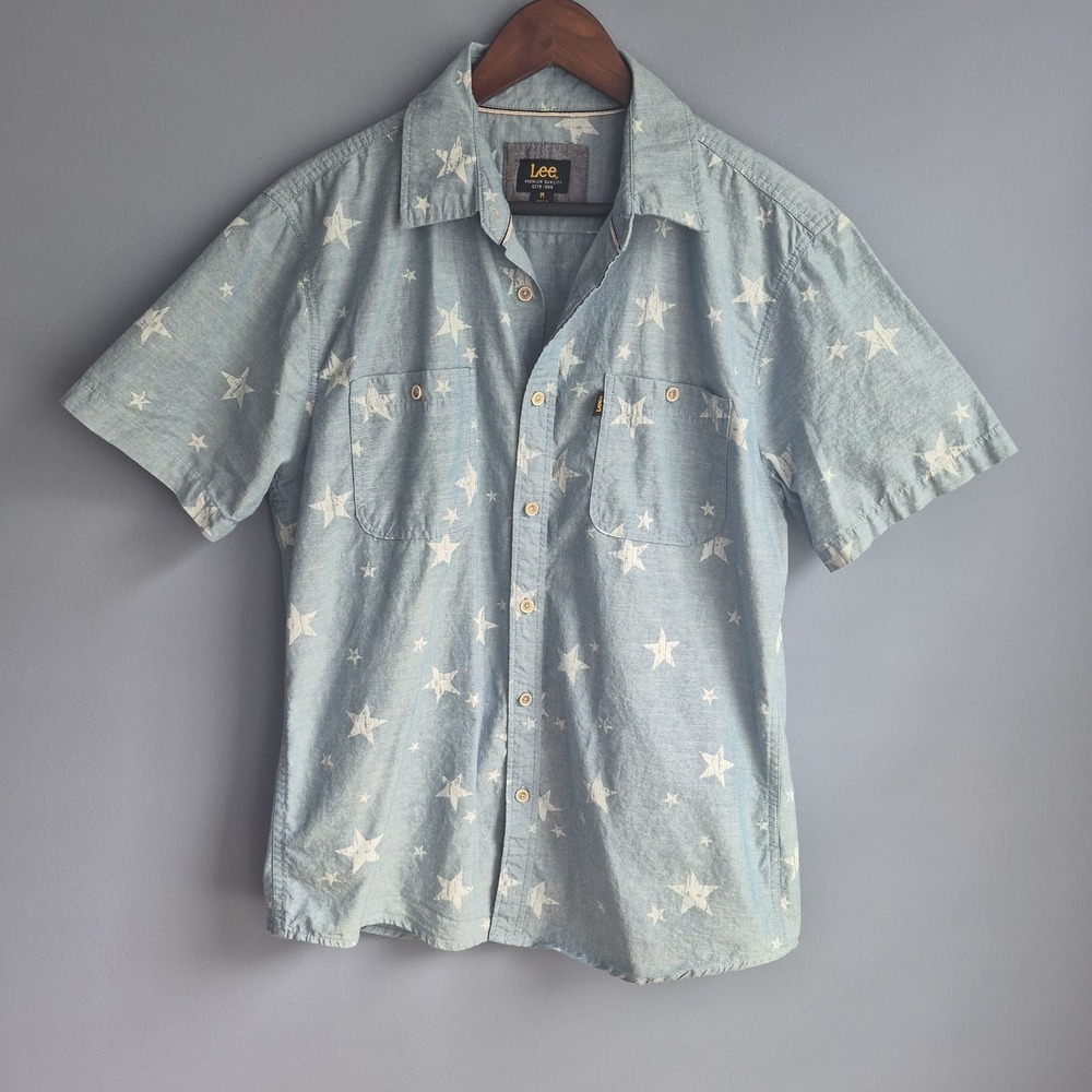 Mens Medium Lee Button Down Short Sleeve Polo Blue White Stars